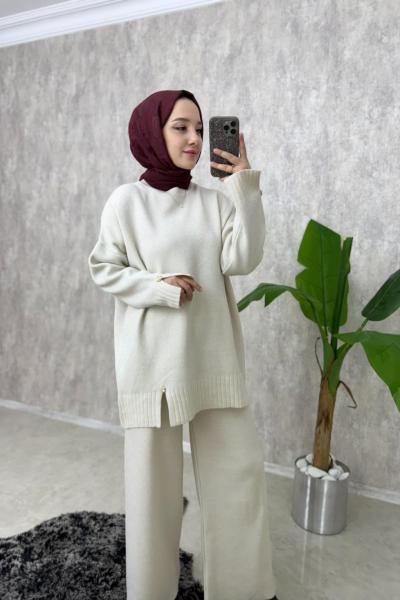 Simli Triko Pantolonlu Takım Ekru